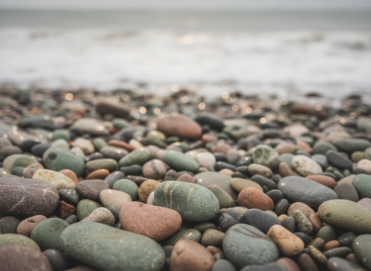 Close-up of smooth Cornish coastal stones and pebbles with a shallow depth of field — the foreground stones are sharp and detailed, the background softly blurred (bokeh effect). Warm muted tones with hints of sage green, dusty rose, and soft terracotta among the grey stones. Overcast natural light, calm and atmospheric. No people. Beautiful, grounded, earthy — suitable for a counselling website.